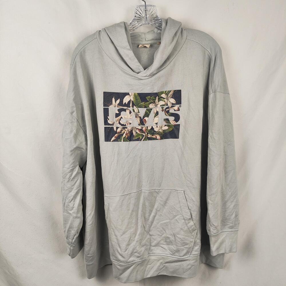 Levis Hoodie Mens 3XL Gray Floral Graphic Logo Pullover Fleece Sweatshirt